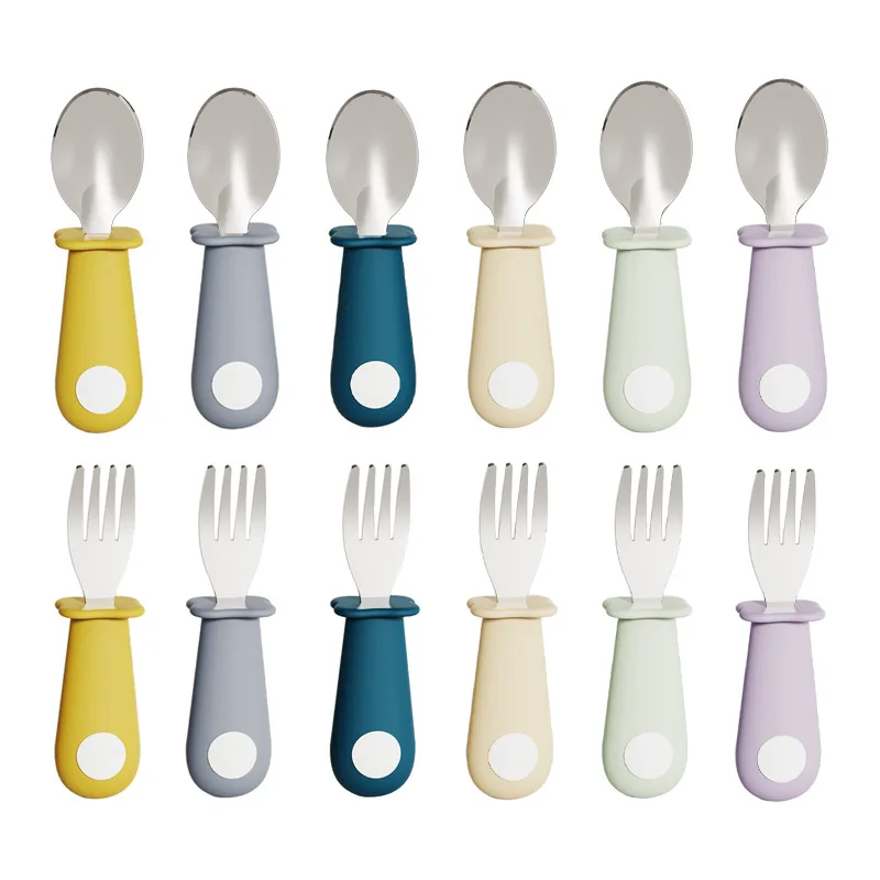 

Baby silicone handle spoon, children's 316 stainless steel short-handled fork and spoon, baby complementary food tableware set