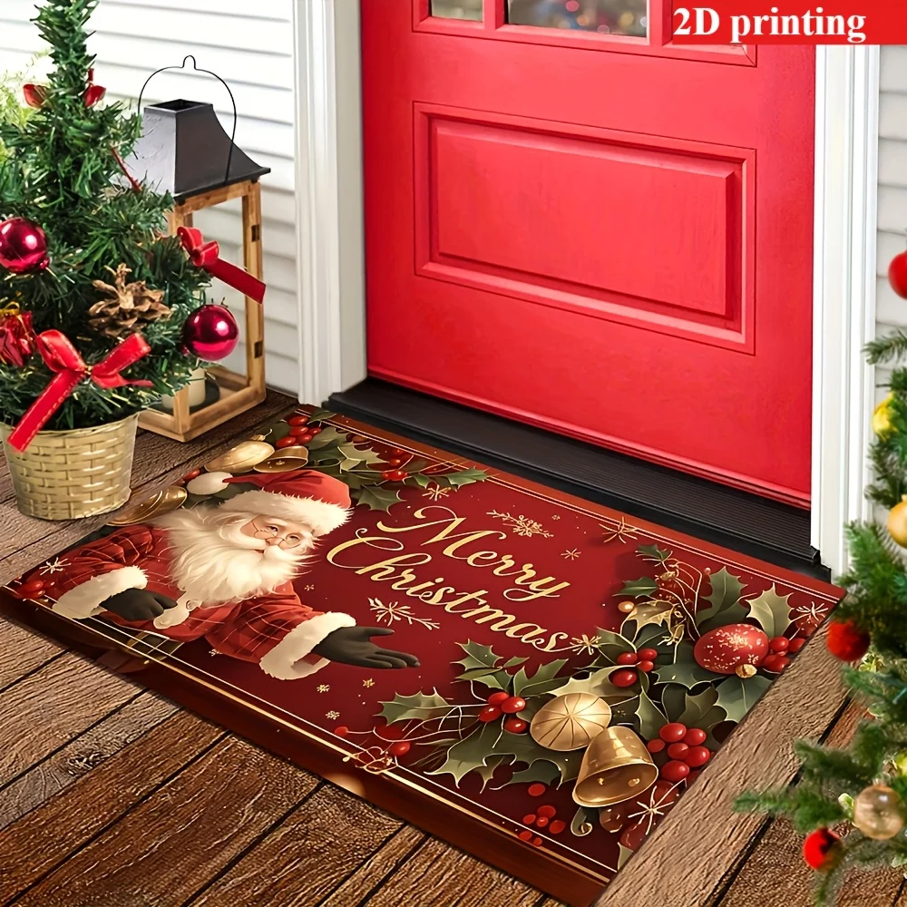 VIKAMA Christmas Doormat Non‑Slip Front Entrance Rug Washable Indoor Outdoor Xmas Bell Holly Berry Holiday Mat Anti-Slip Door