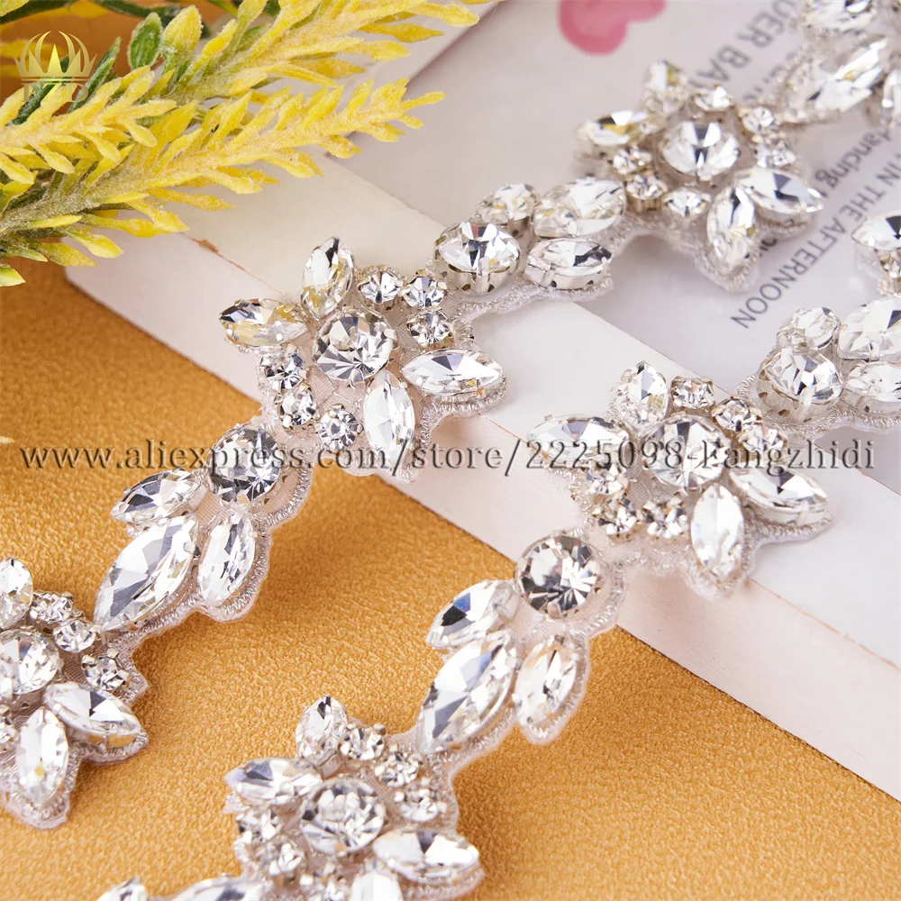 FZD 1 PC Bow Shape Bridal Beaded Crystal Rhinestone Applique Trim Silver Sew Iron on For Wedding Dress Bridal Sash Belt Trim DIY