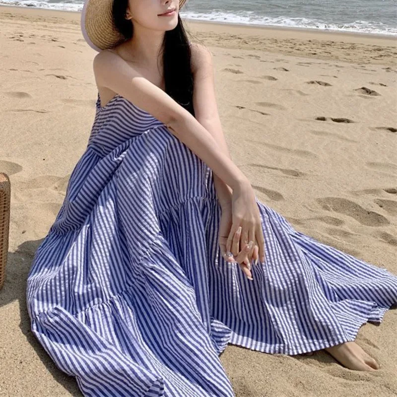 HKSH Sommer Neue frauen Flut Trendy Urlaub Stil High Street Süße Casual Mode Vielseitig Gestreiften Plissee Strap Kleid HK6367