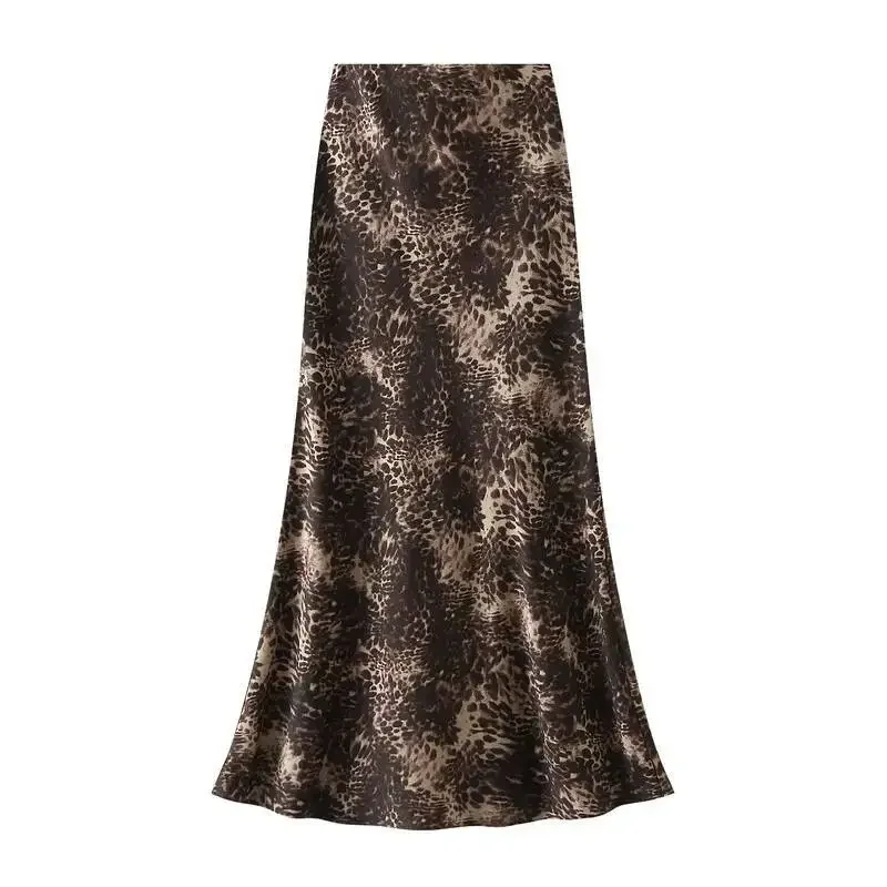 New 2025 Women's Leopard Print Elegant Satin Long Skirts  Fashion Summer High Waist Casual Office Lady Party Skirt