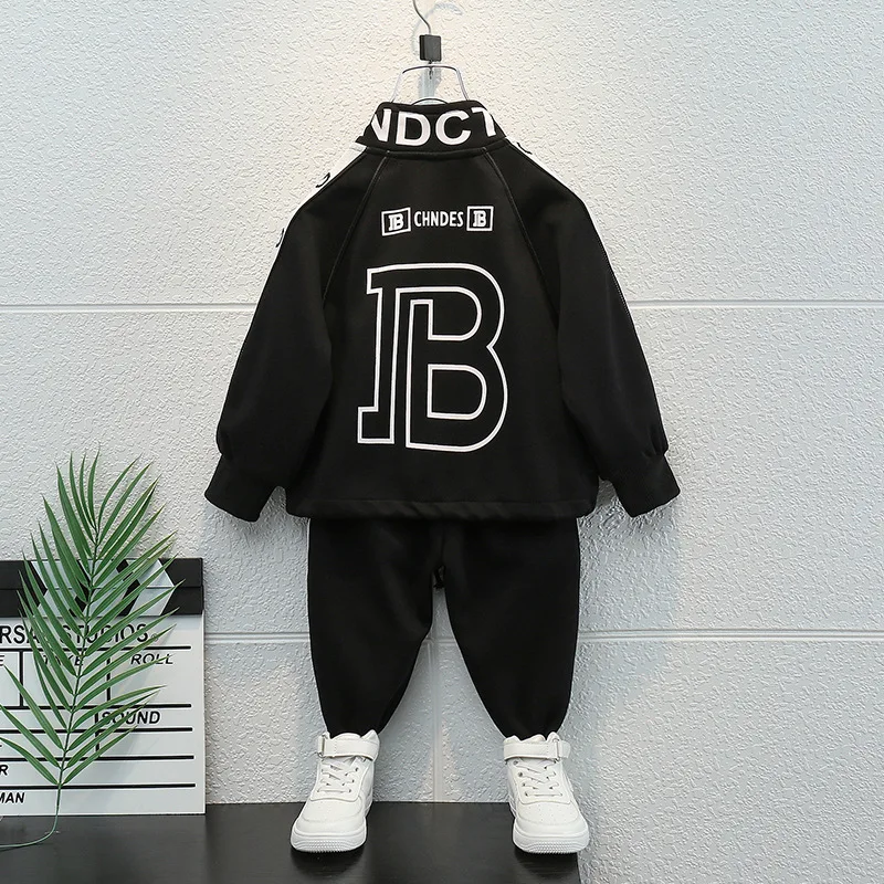 School Kids Tracksuit Jogger Set Full Zip Alphabet Prints Baby Boys Drawstring Sweatshirt + Sweatpant Set Children Outfit 1-11Yr