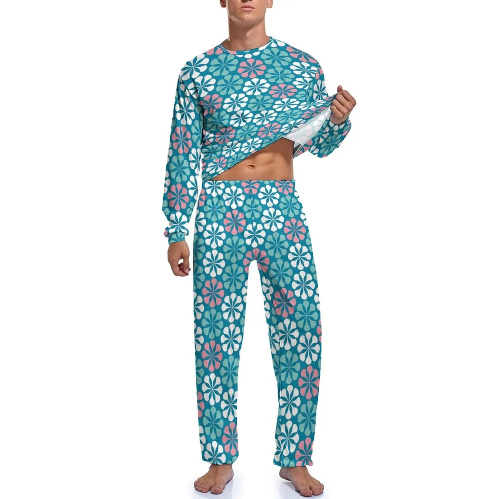 Retro Mod Print Pajamas Daily Vintage Flower Sleep Nightwear Man 2 Pieces Pattern Long Sleeve Trendy Pajama Sets