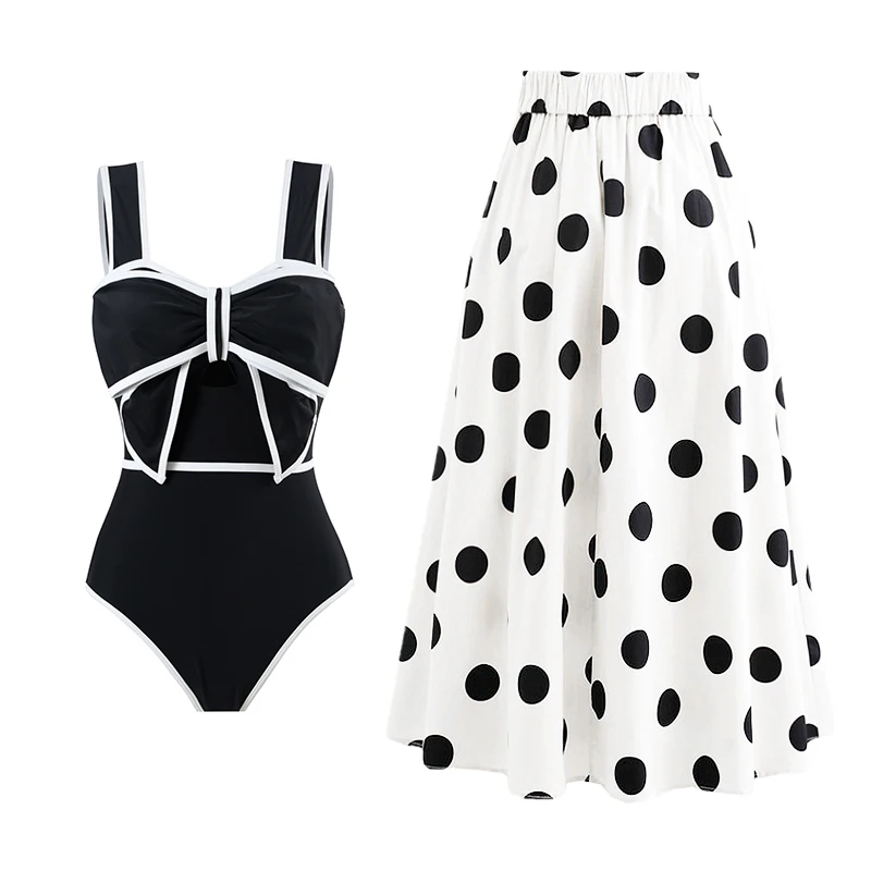 

2024 Black White Bow Tie Retro One Piece Swimsuit Women Swimwear Bathing Suit Monokini Beach Bodysuit Beach Wear Bikinis Set