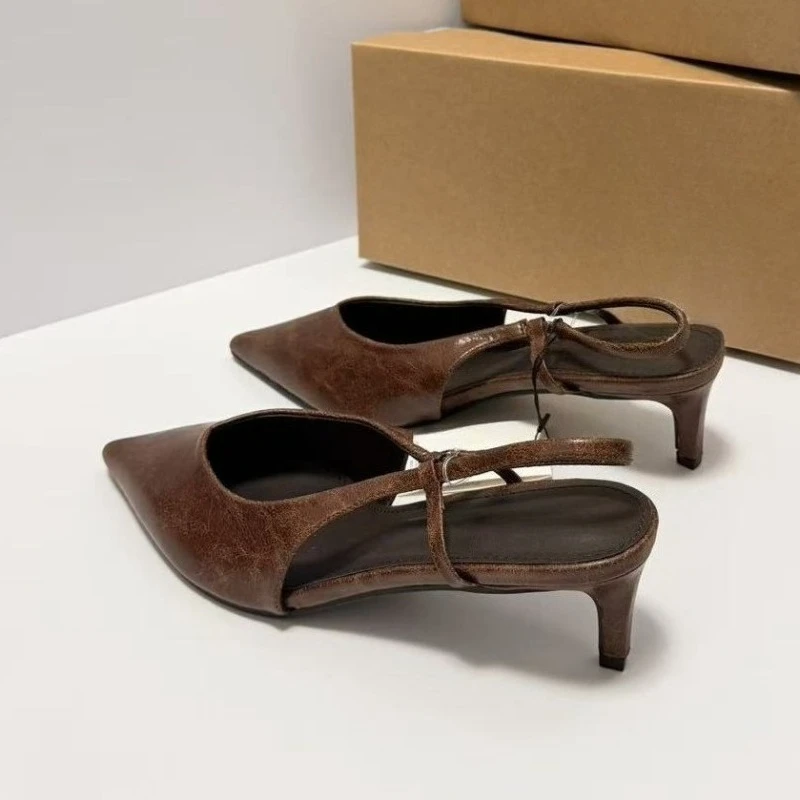 Kitten Heels Summer Women Dress Sandals Vintage Brown Sexy Pointed Toe Slingback Office Work Zapatos De Mujer Ladies Shoes view 6