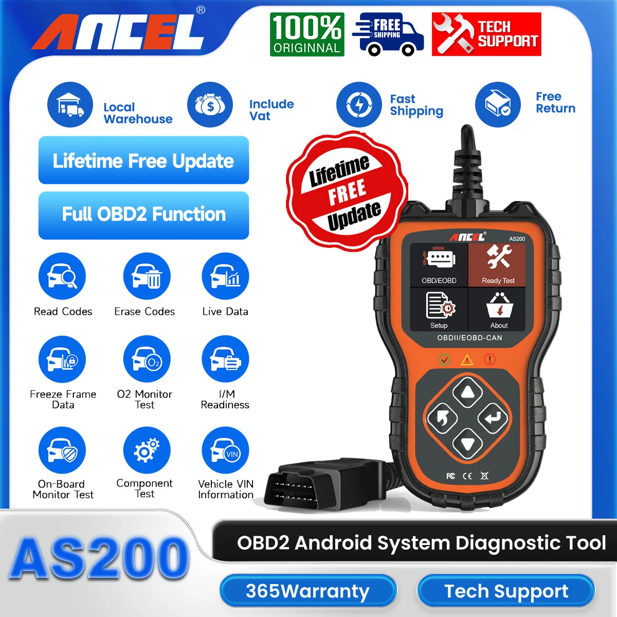 

ANCEL AS200 OBD2 Diagnostics Scanner Tool Reader Code Data Stream Automotive Tools Engine Transmission Check Car OBD Scan Tester