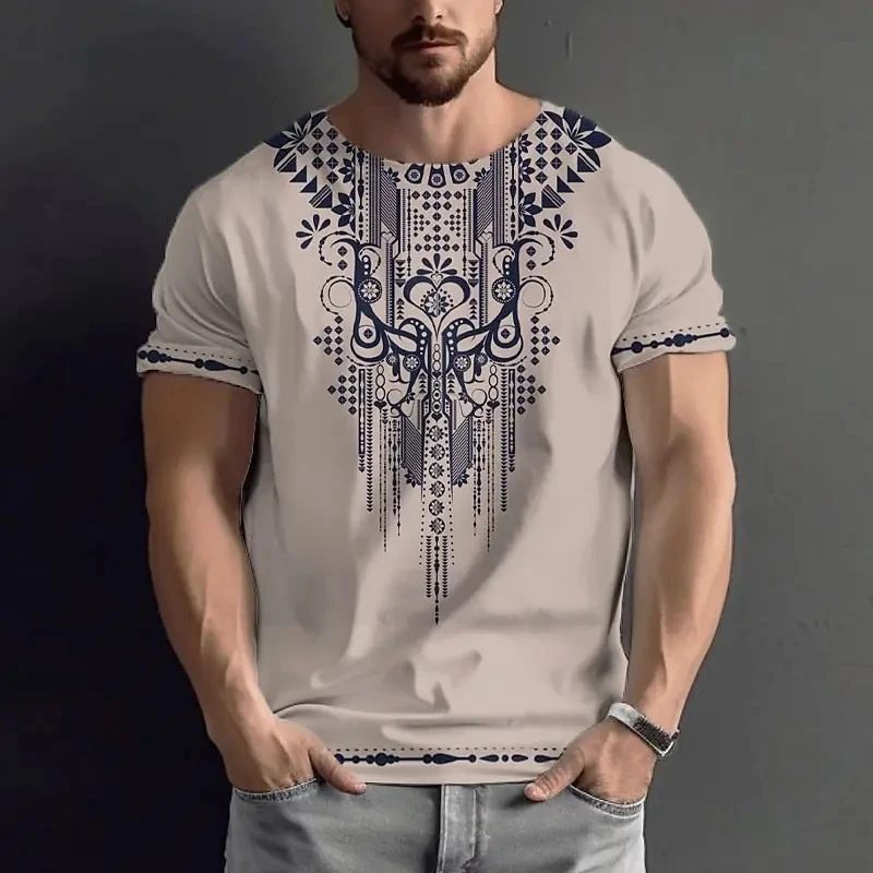 Summer Men\'s Vintage T-shirt Ethnic Style Printed Top Street Fashion O-Neck Short Sleeve Leisure Holiday Top Plus Size Clothin