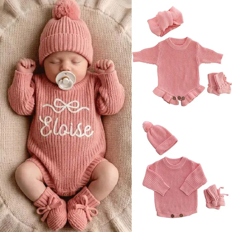 Custom Name Baby Knitted Romper Cotton Warm Long Sleeve Bodysuit Personalized Newborn Outfit Autumn Infant Jumpsuit Clothes Sets