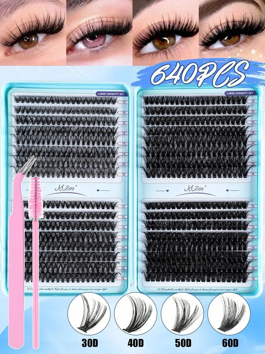 640 Stück 10D-60D Wimpernbüschel, 0,07mm Biegung 10-16mm, 3D Russisches Volumen, Wiederverwendbar für Anfänger, Zuhause, Reisen & Geschenke