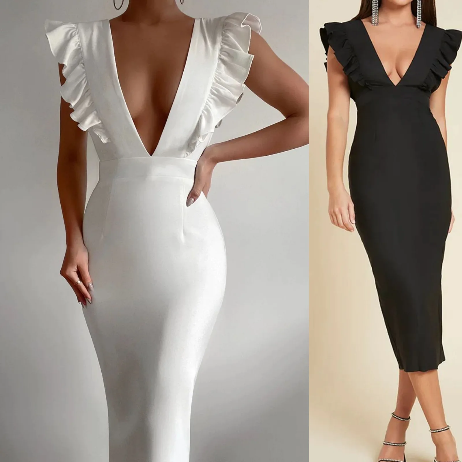 

New 2023 Hot Selling Women's Sexy Deep V-neck Ruffle Sleeveless High-waisted Slim Dress, Nightclub Long Split Buttock Skirt