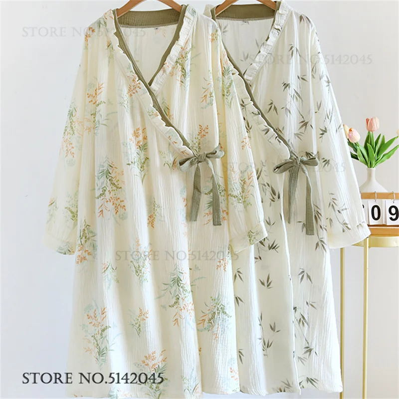 Neuer Baumwoll-Gaze Damen Langer Bademantel Nachthemd mit Blumendruck Kimono Yukata Locker Langarm Hauskleid Sauna-Anzug