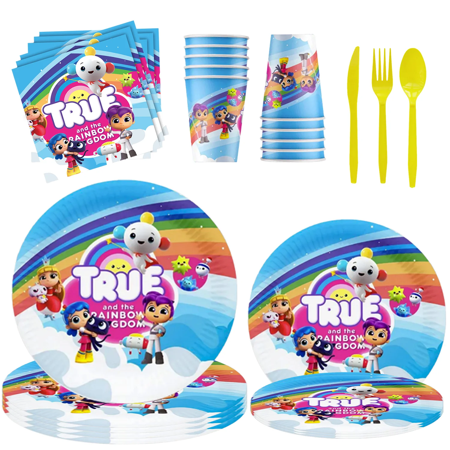 

True Rainbow Kingdom Birthday Party Set Dinnerware Paper Cups Plates Banner Cake Disposable Balloons Baby Shower Party Supplies