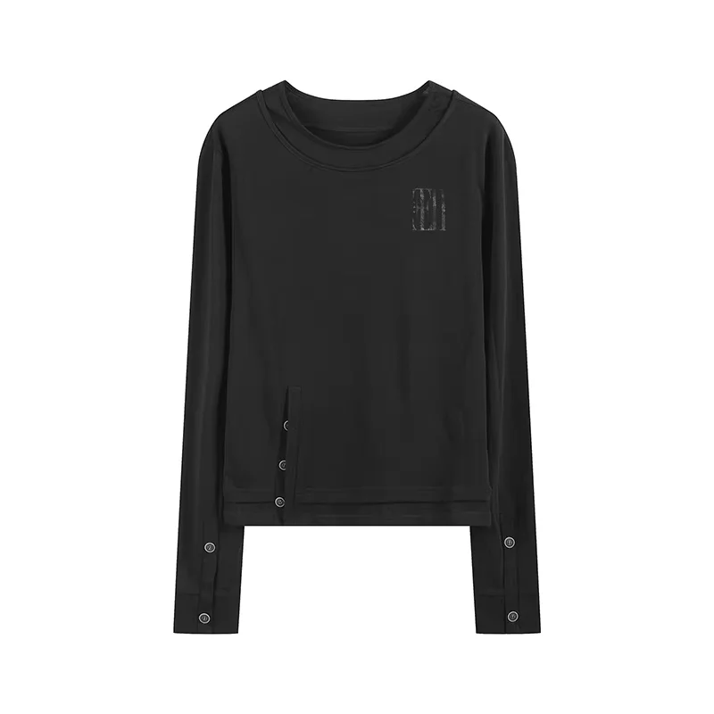 Y2K Schwarzes Langarm-Oberteil für Damen, Vintage-Stil mit seitlichen Knöpfen, asymmetrischem Saum, lässige Gothic-Bluse, schmal geschnitten, ästhetische Streetwear – Detail 9