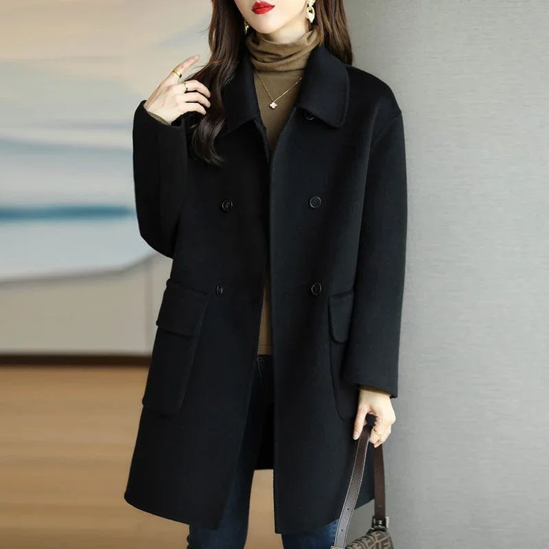 Imagem -03 - Cabolsa Grande de lã de Comprimento Médio Feminino Jaqueta Elegante Jaqueta Coreana Outwear Casual Quente Lapela Trespassado Monocromática Outono Inverno