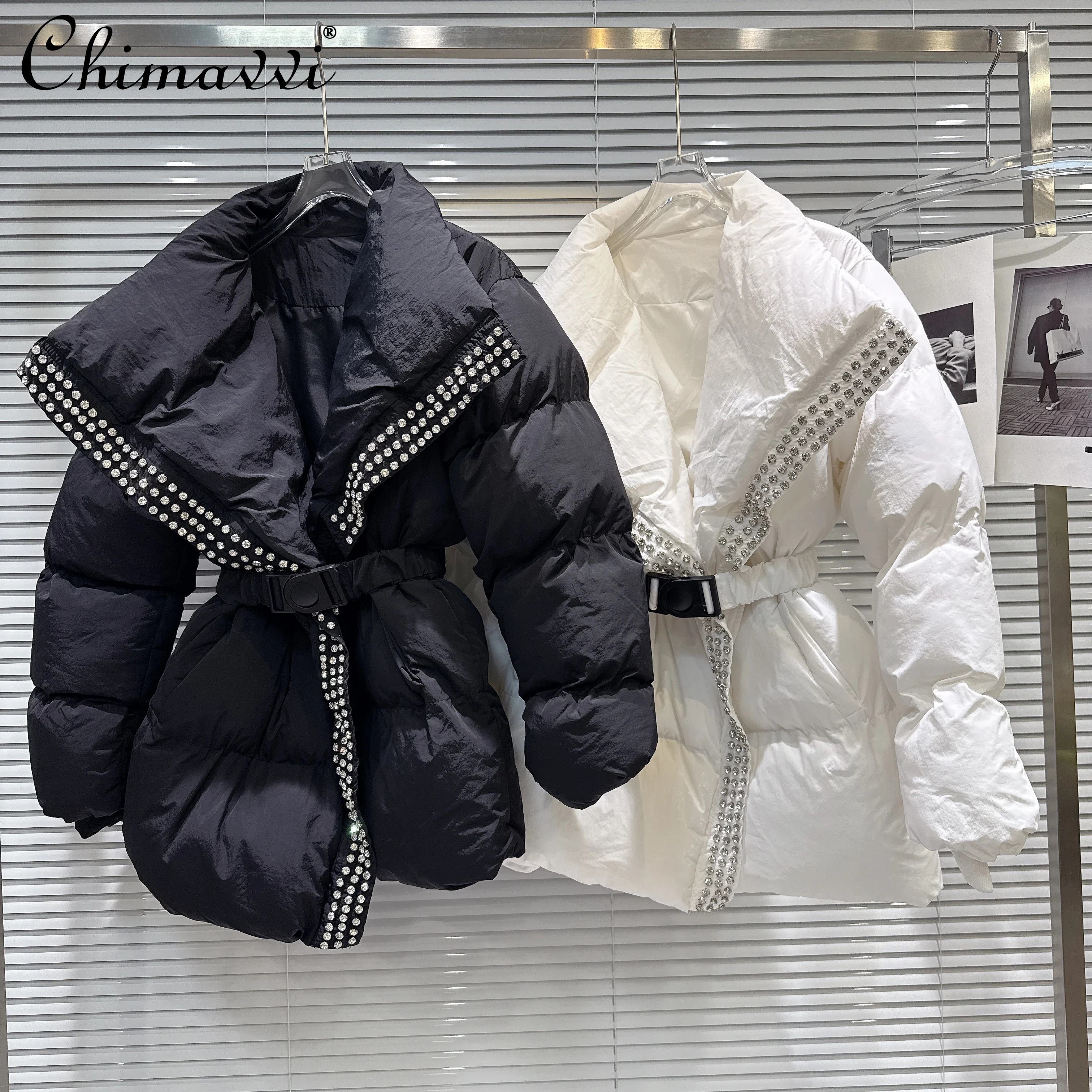 

2025 Winter Women's Fashion Rhinestone Quilted Coats Long Sleeve Stand Collar Belt Slim Fit Thick Warm Cotton Jackets for Women