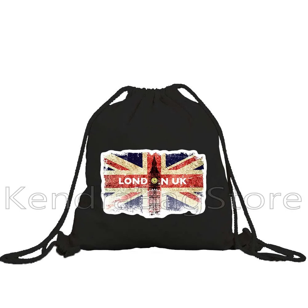 United Kingdom London England Flag Map Retro Bus Big Ben Bridge Phone Booth Trip Drawstring Bags Soccer Backpack Gym Sackpack
