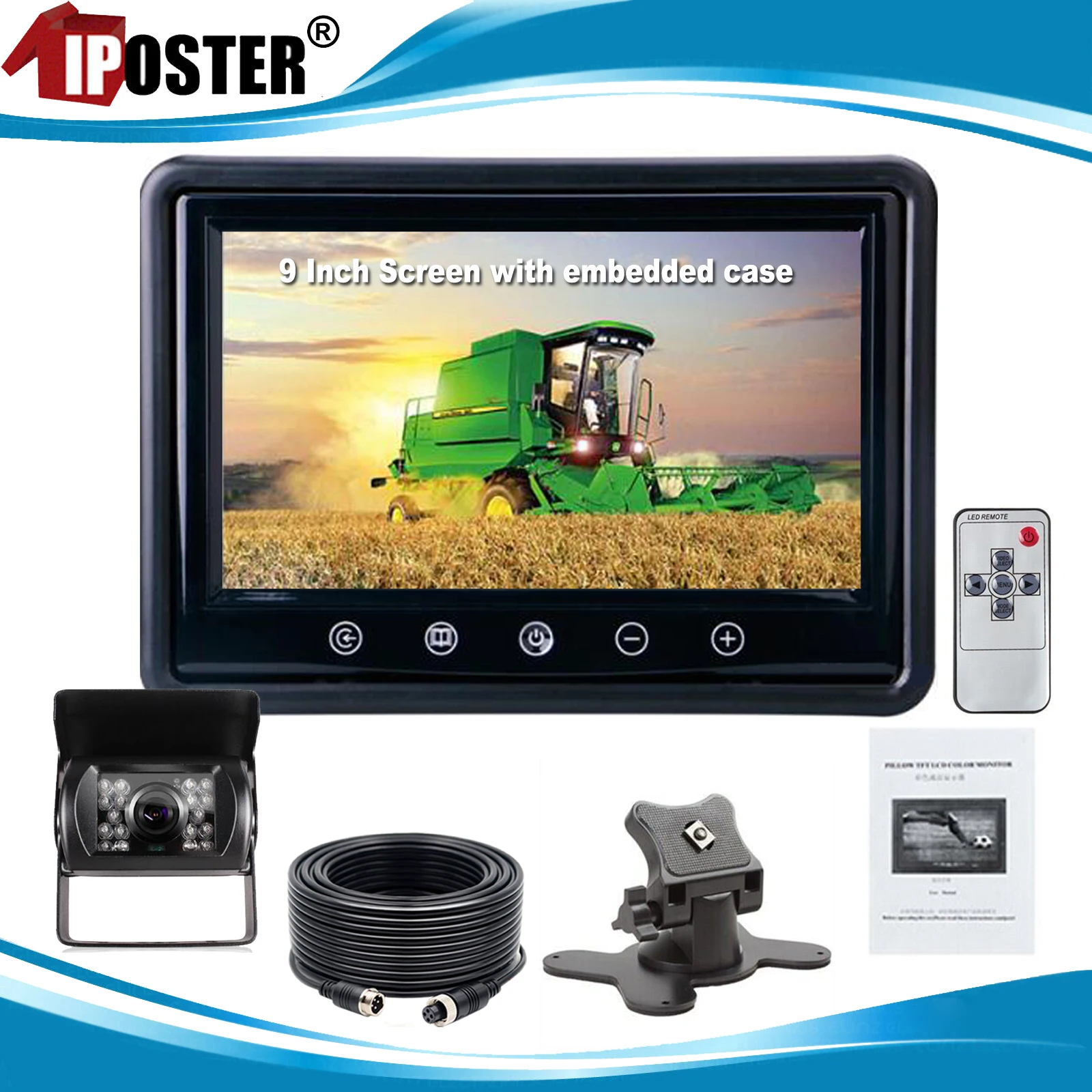 

iPoster Embedded 9 Inch LCD Screen Car Monitor 2ch 4PIN Video in+Rear View Reverse Camera 12-24v For Truck Caravan Camper Rv Van