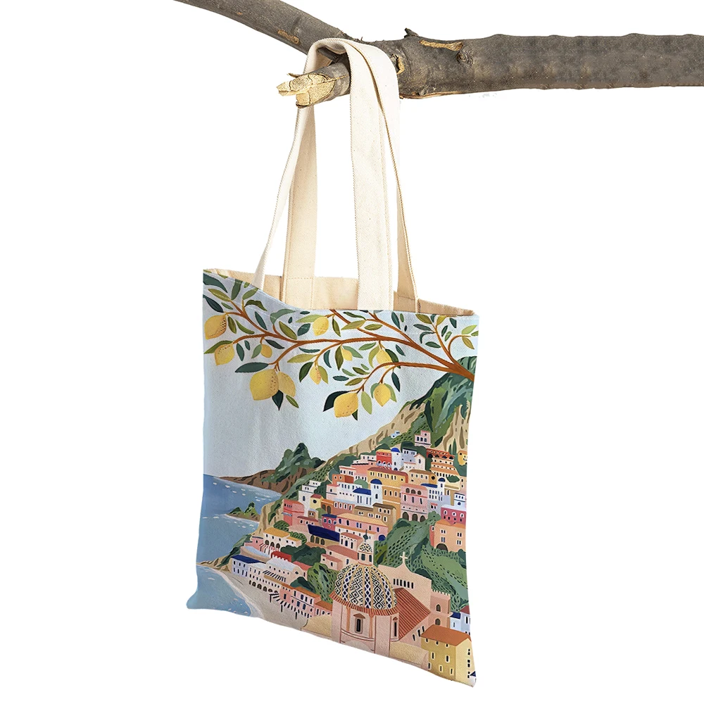 Vintage Landscape Shopper Bag Barcelona Santorini Positano Women Shopping Bags Double Print Lady Linen Handbags Shoulder Tote