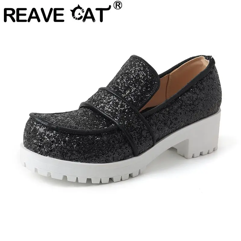 REAVE CAT Design Platform décolleté da donna punta tonda Slip On Glitter tacchi spessi 5cm taglia 41 42 43 scarpe da donna quotidiane per il tempo libero 33