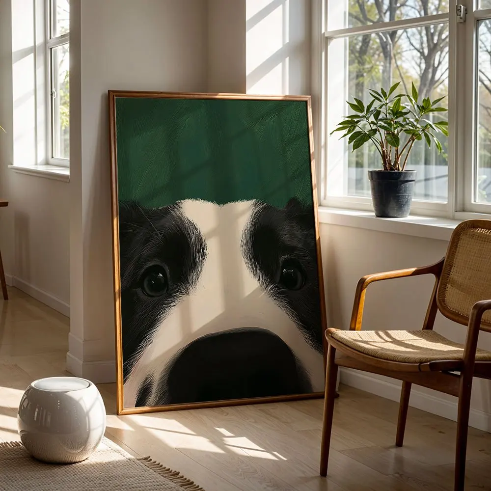 Abstract Dark Green Background Border Collie Head Canvas Wall Art, Cute Pet Home Decor For Bedroom Living Room, 2D Print Poster