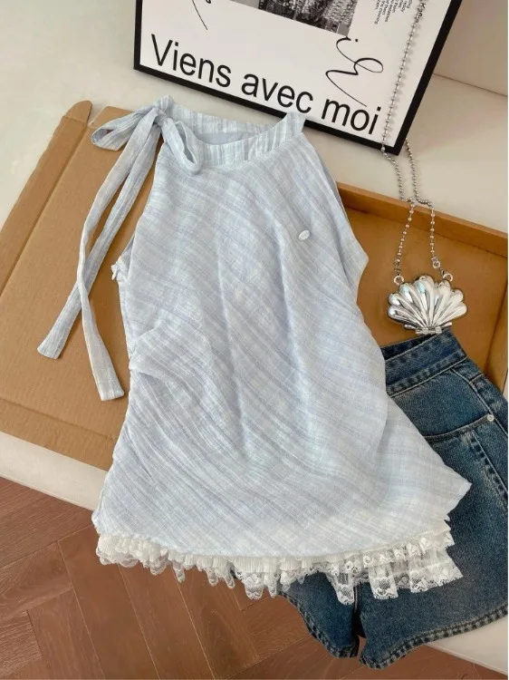 

Blue Lace Plaid Tie Neck Sleeveless Shirt Women's Spring Fashion Korean Style Belted No Sleeve Top Cotton Material Commute Style