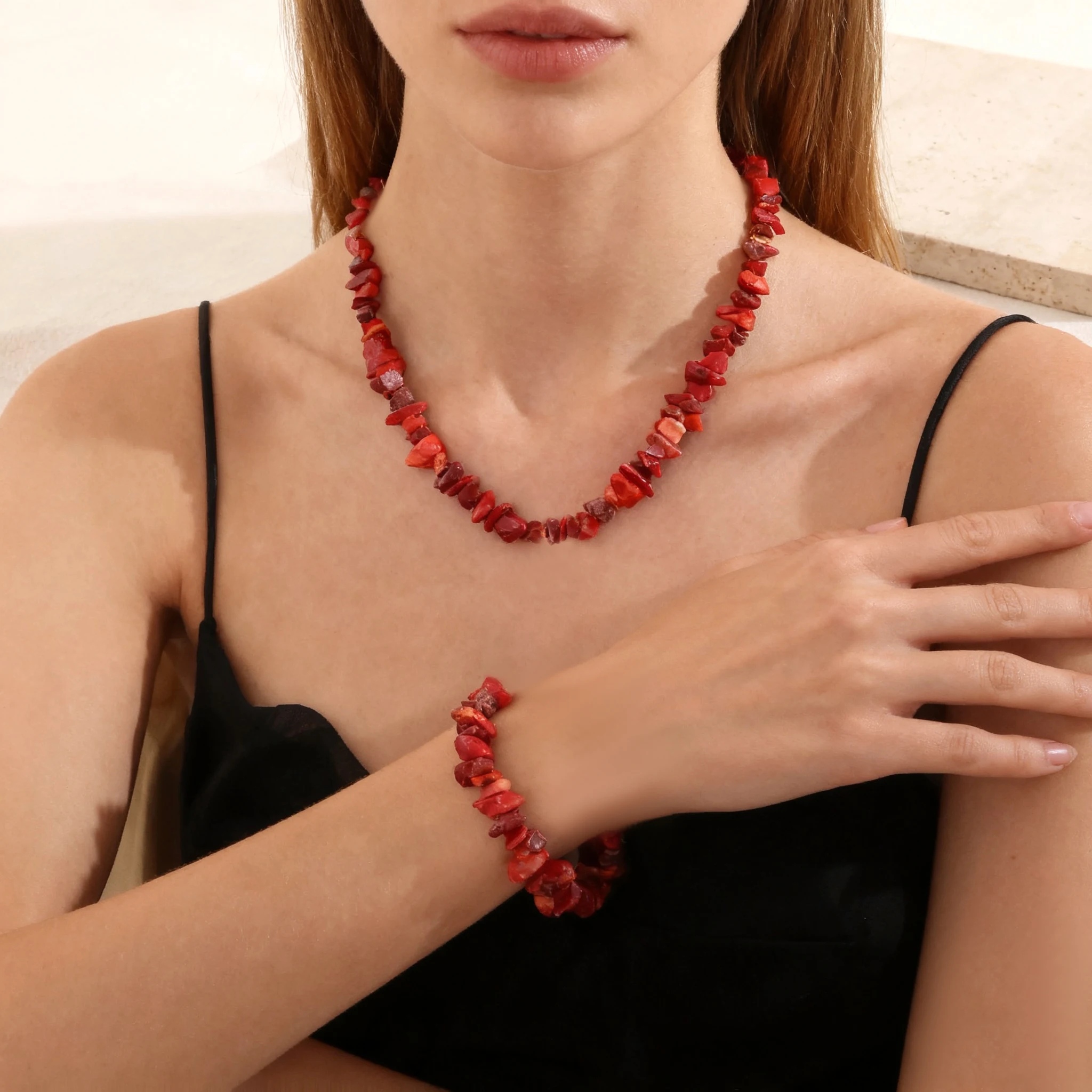 MHS.SUN Fashion Boho Red Gravel Jewelry Set Irregular Coral White Pearl Beaded Necklace Bracelet Women Waterproof Choker Bangle