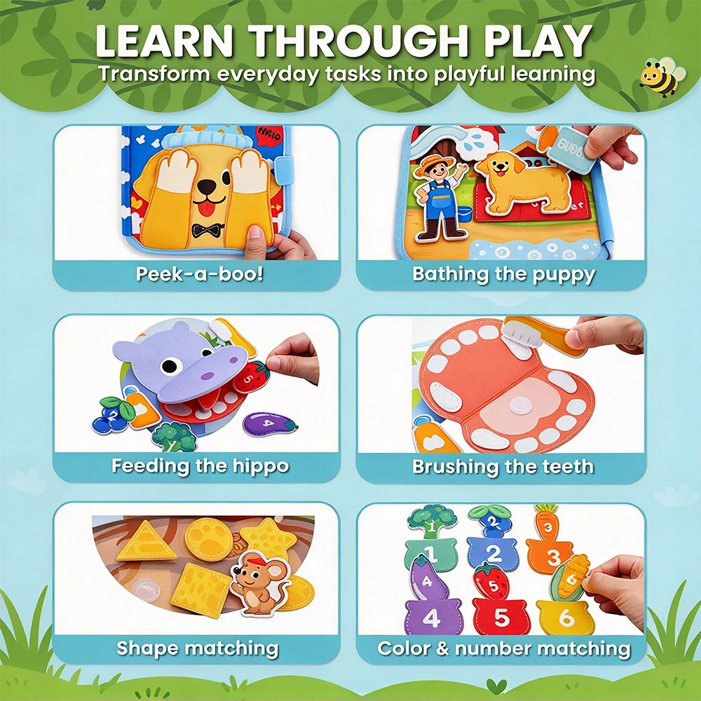 Toddler Washable Felt Busy Book Montessori Toys Busy Board Dog Quiet Book Travel Aessential Learning Activity Board Gift - view 5