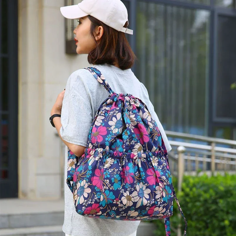 Women Printed Shoulder Bag Large Capacity Drawstring Backpack Lightweight Nylon Wearable Outdoor Travel Hiking Bag Shopping Bags