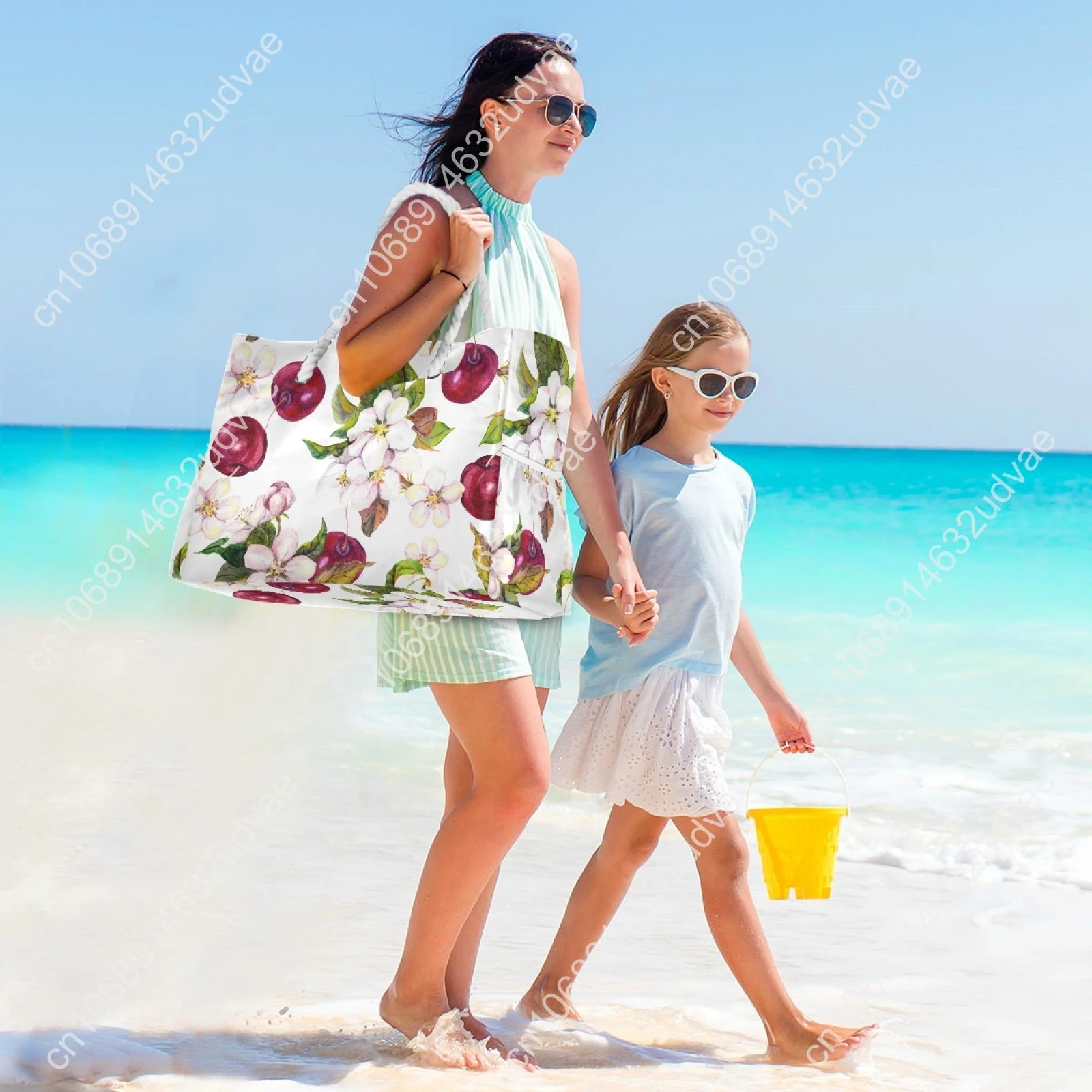 New Women Nylon Cherry Flowers And Cherry Berries Shoulder Bag Female Large Capacity Ladies Beach Bag Girls Shopping Handbag