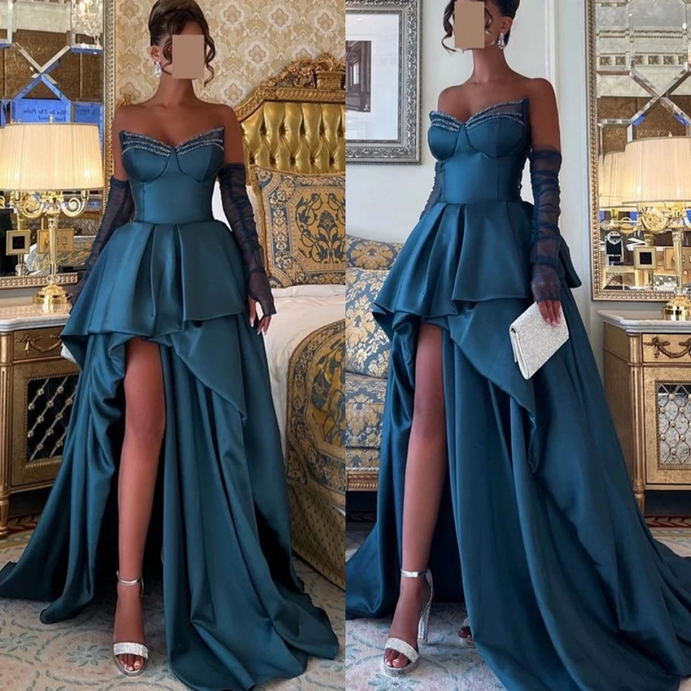 Customized Strapless Satin A-Line Sleeveless Evening Dress Delicate Crystal Party Dresses Sparkly Special Occasion Gowns