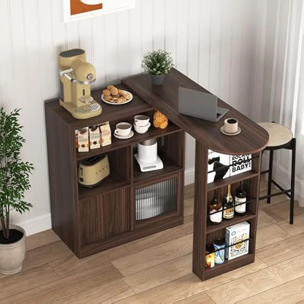 

360° Rotating and Extendable Bar Table, Modern Bar Cabinet with Rotating Top, Storage Space, Ribbed Glass Doors, Counter Height
