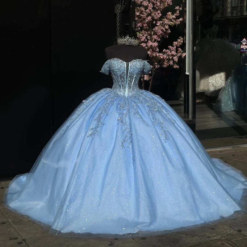 ANGELSBRIDEP-Vestidos De quinceañera azul brillante, Vestidos De quinceañera con hombros descubiertos y cuentas De encaje brillante, princesa para fiesta De cumpleaños De 15 años