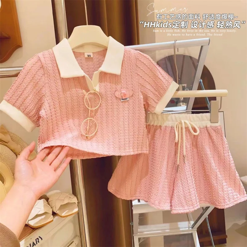 Girls' Suit Threaded CottonPoloCollar Hemming Short Sleeve Bottoming Shirt Short Skirt Two-Piece Set2024Summer clothing new-WSNY