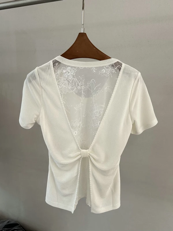 

Acetate Lace Knot Short Sleeve Women's T-shirt Asymmetrical Hem Casual Style Skin-friendly Breathable round Neck Top