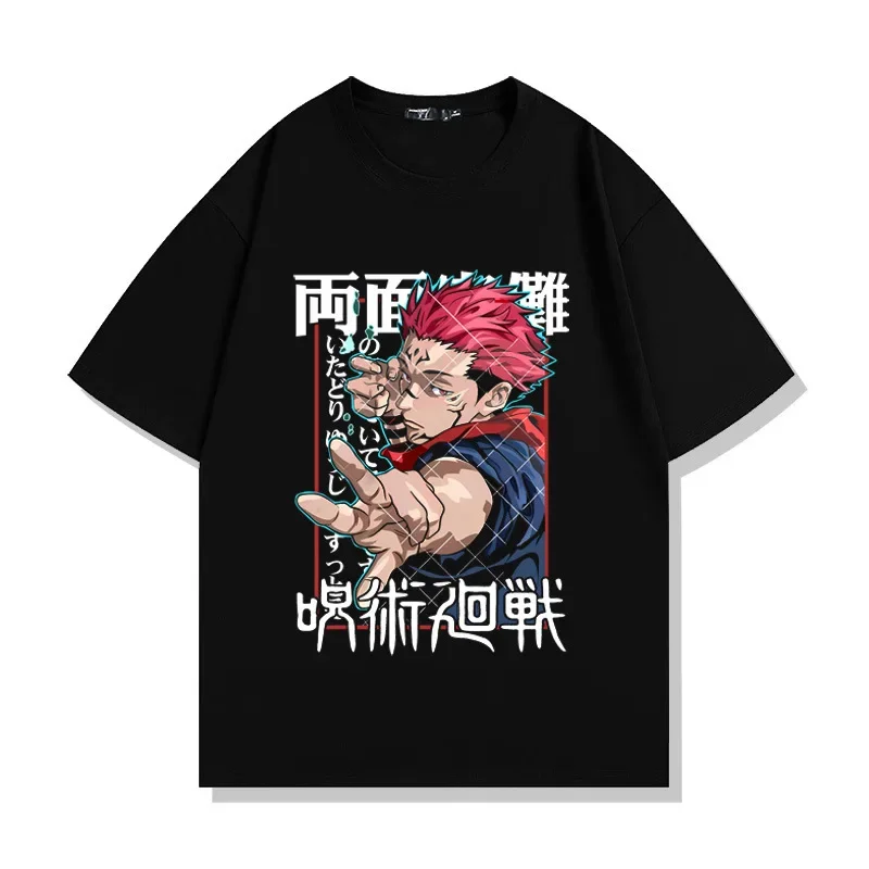 

2025 Japanese anime spell heavy heart long battle pattern printed T-shirt men's 100% cotton loose casual round neck T-shirt