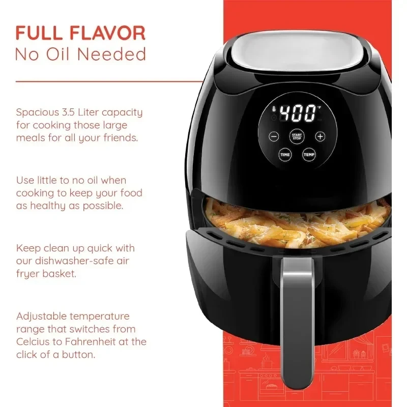 Digital 3.5 Liter Air Fryer w/ Flat Basket, Touch Screen AirFryer, Non-Stick Dishwasher, Use Less Oil For Fast Healthier Food