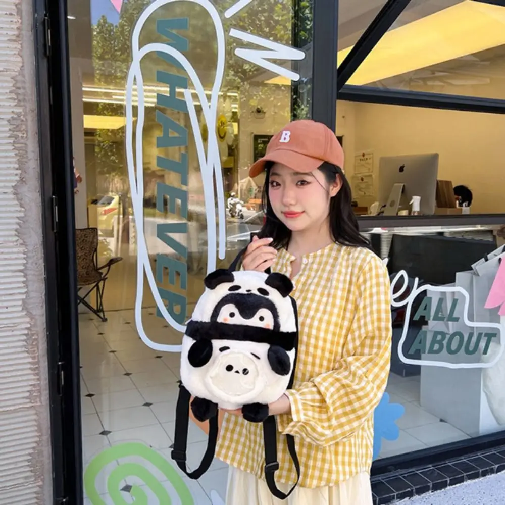 Cartoon Panda Penguin Backpack Large Capacity Adjustable Strap Cartoon Schoolbag Plush Doll Animals Stuffed Plush Doll Gift