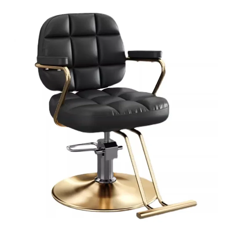 Modern Hydraulic Barber Chair Black Tufted PU Leather Gold Base Styling Chair with Footrest for Hair Salon Barber Shop