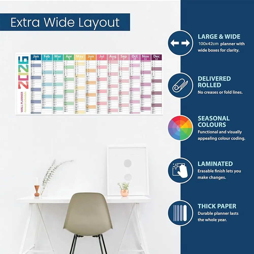 Durable 42x100cm 2026 English Calendar Creative Colorful 12 Month Calendar Agenda Organizer Notes Large Size Calendar Home Use