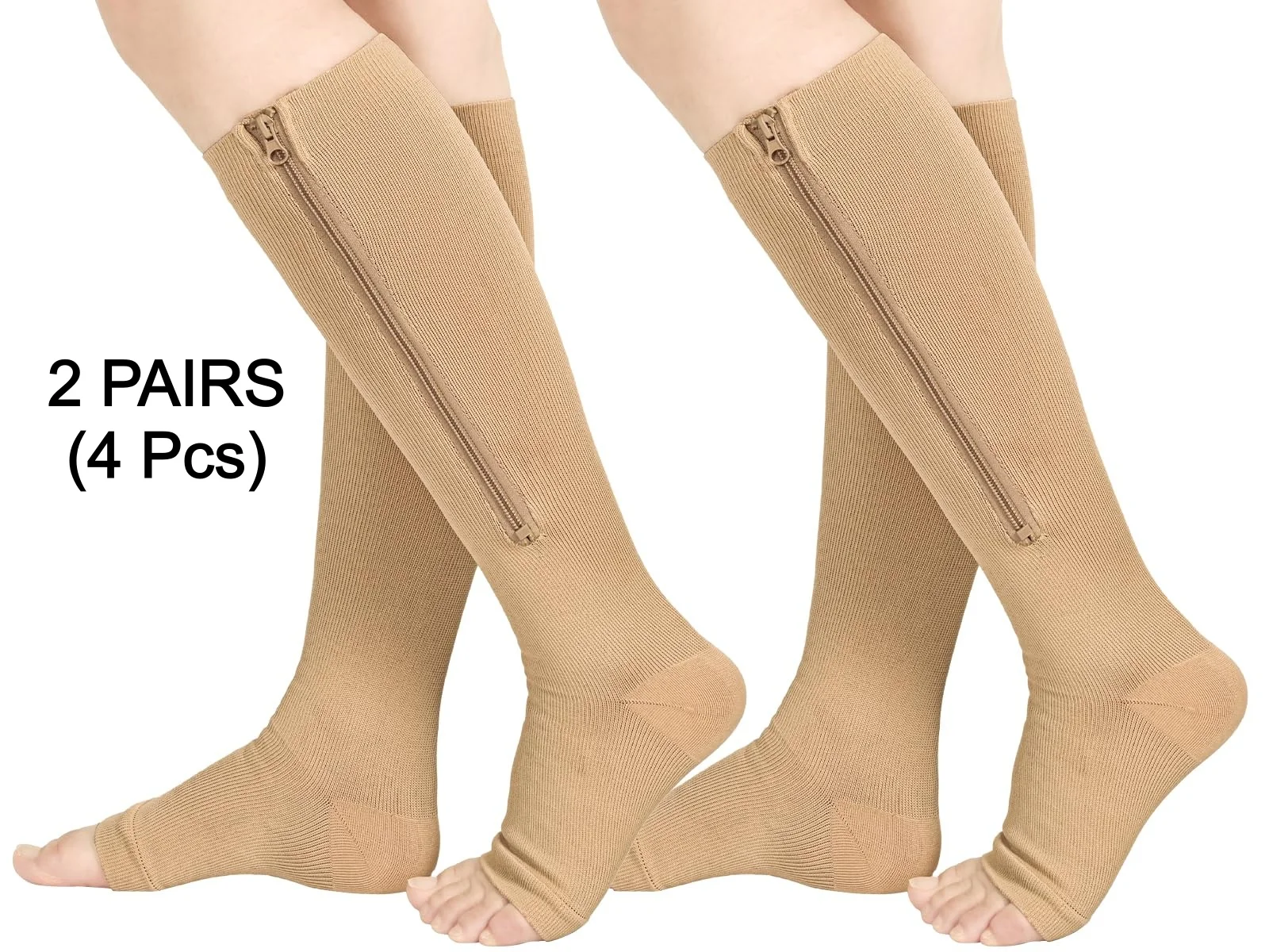 

2 Pairs Compression Socks with Zipper 15-20 mmhg Calf Open Toe Knee High Compression Stockings for Varicose Veins Edema Recovery