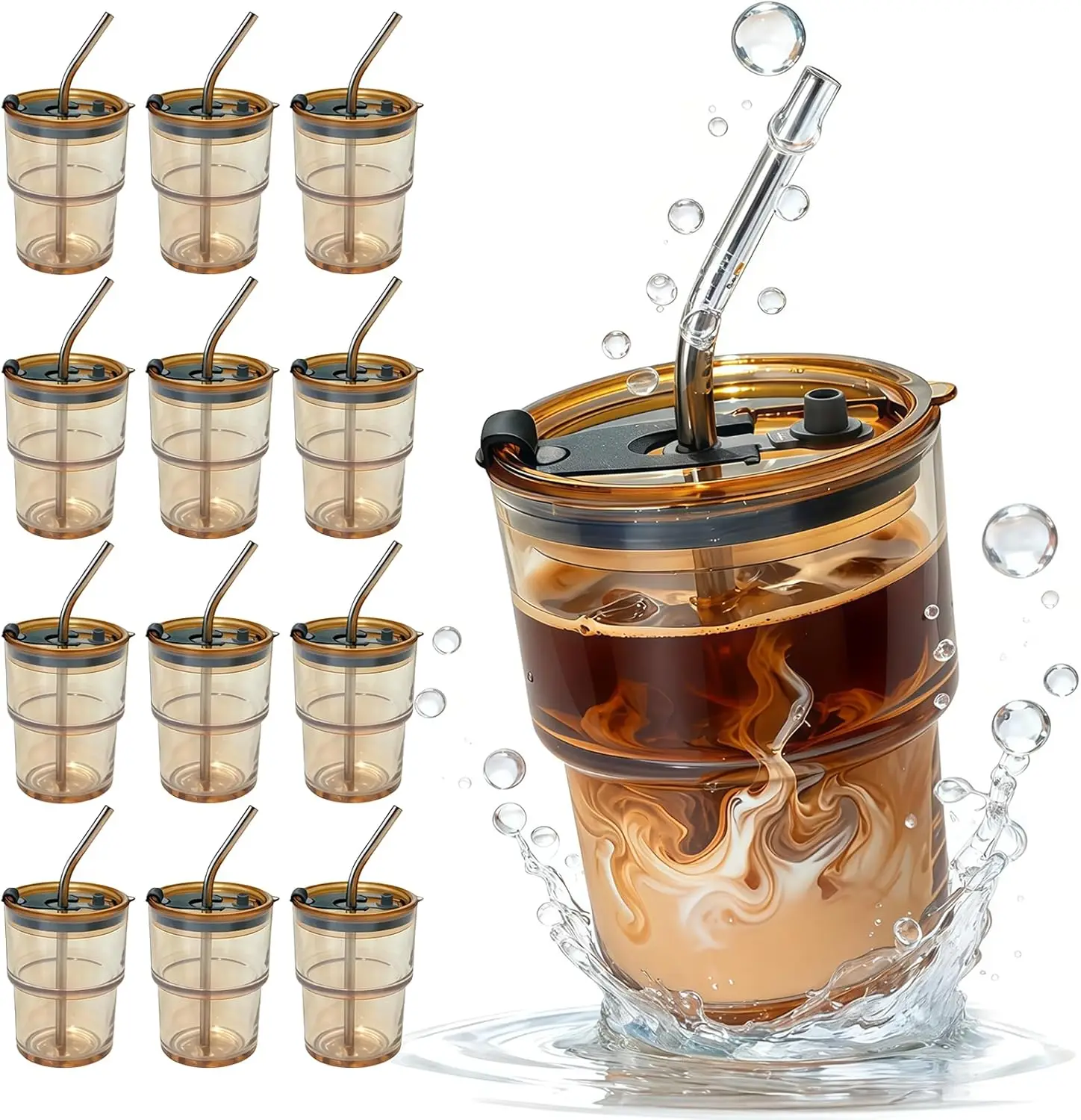 

12-Pack Glass Tumblers with Lid & Straw, BPA-Free Coffee Cups for Gifts, Travel-Ready