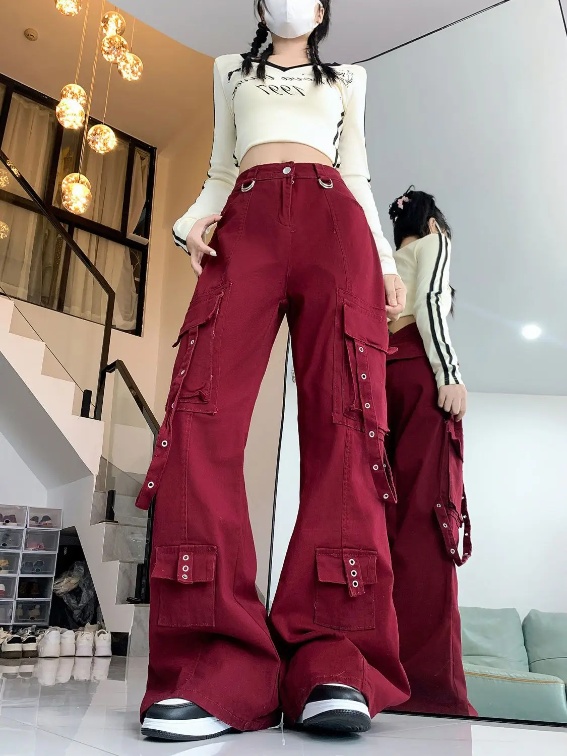 Streetwear Vintage Red Cargo jeans Women high street mutil pockets Harajuku Y2k Retro 2000s 90s Aesthetic Denim Pants Trousers