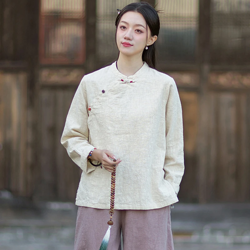 

Женская блузка с длинным рукавом, новинка 2026 года, весенняя, в китайском стиле, винтажная, с воротником-стойкой, из хлопка и льна, топы-рубашки M2368
