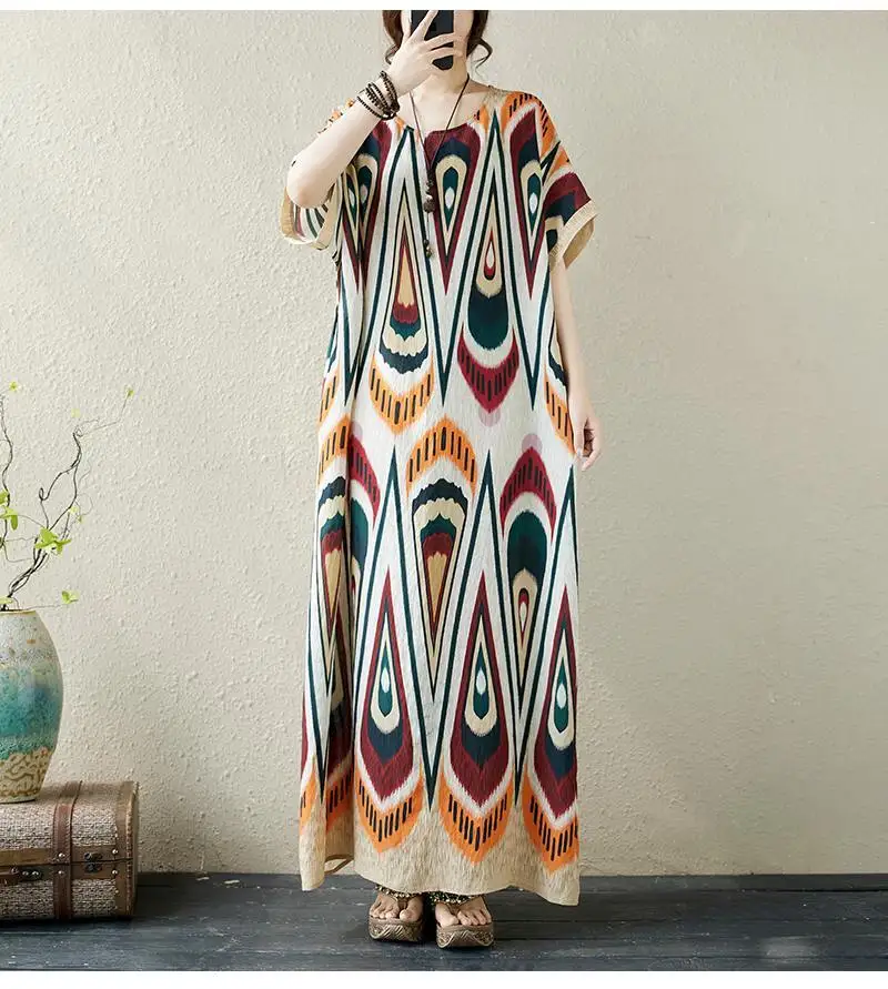 Ethnic Style Literature Fashion Women Summer Loose Bohemia Holiday Style Printing Short Sleeve Round Neck And Bare Maxi Dress