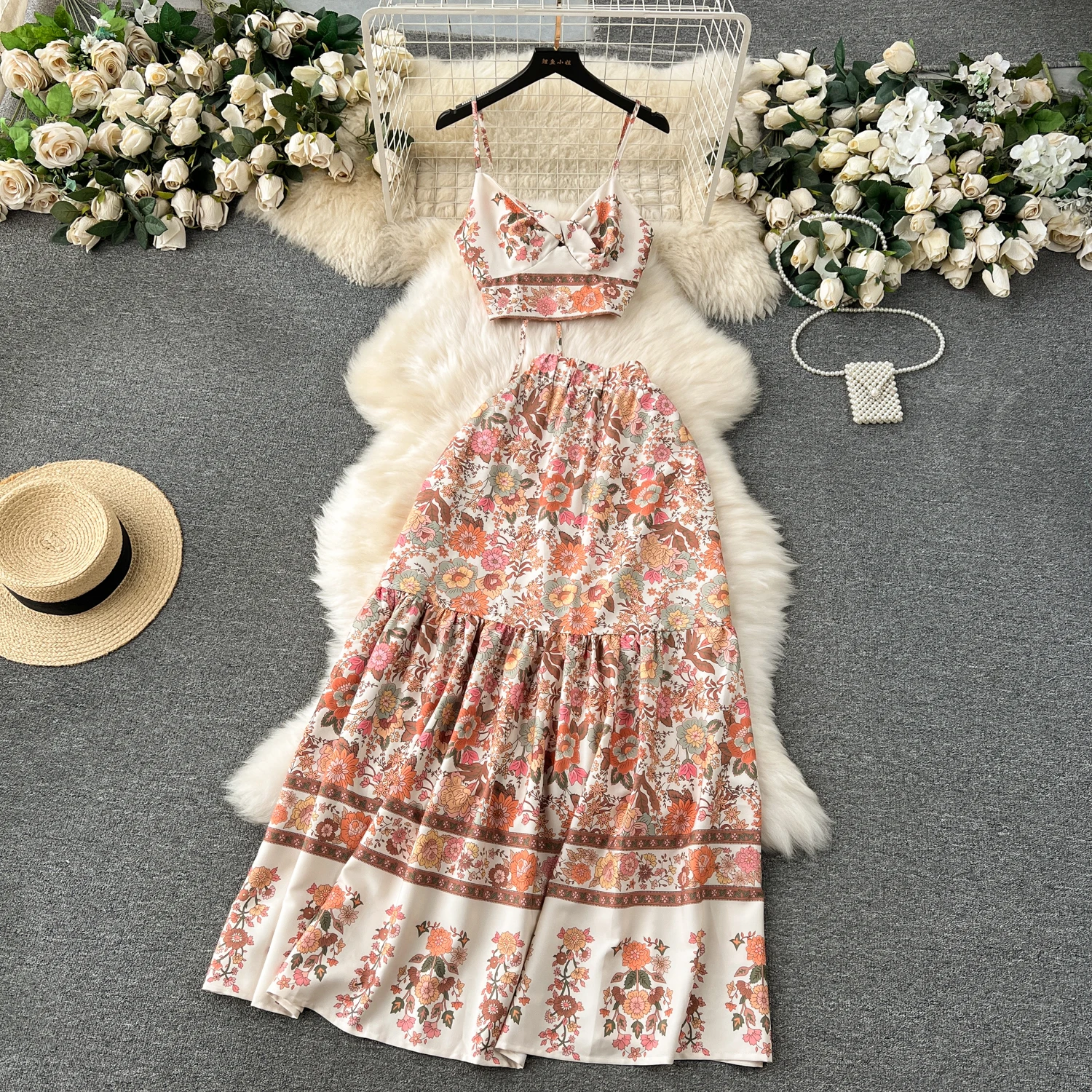 

Bohemian Retro Outfits Flower Printed Women's Suit Short Suspender Strap Tank Top+Long Skirt Vacation Style Two Piece Sets