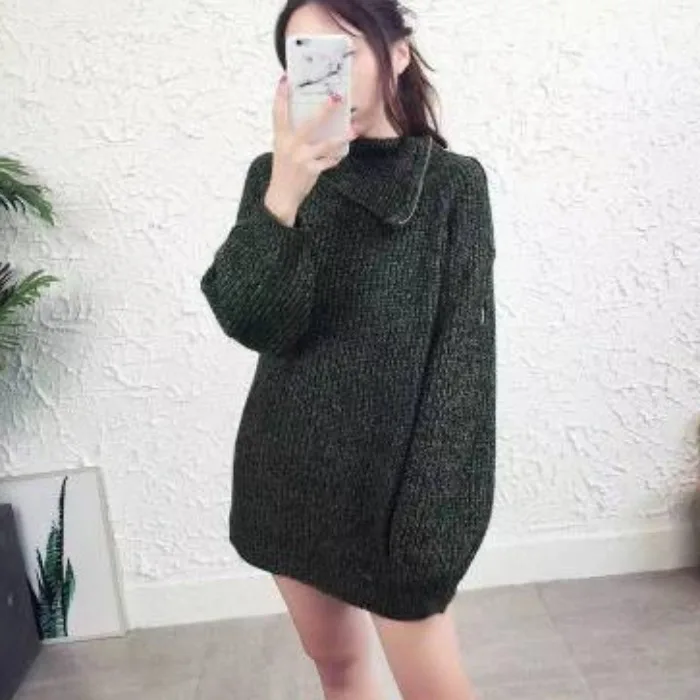 

Women's Knitted Sweater Dr Winter New Sle Loose Lantern Sve High Collar Mid-Length Overhead Slimming Knitted Dr