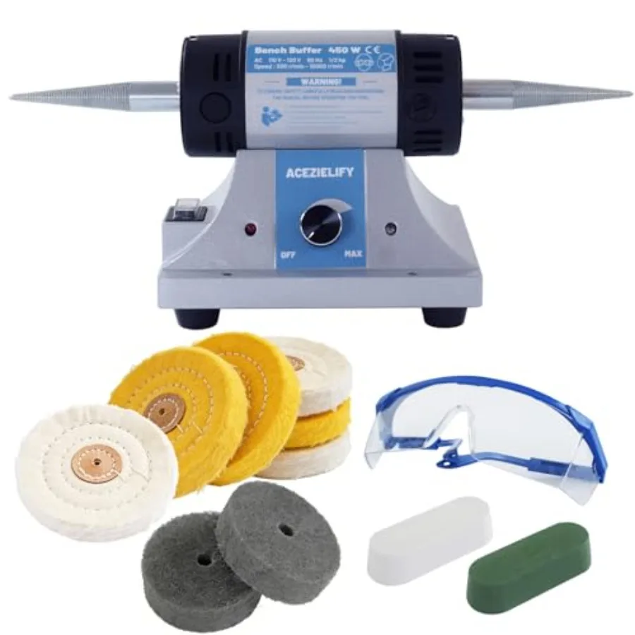 

450W Jewelry Polisher Variable Speed Bench Polishing Machine Profesional Desktop Buffer Motor with 4'' Cotton 3'' Fiber Buffing