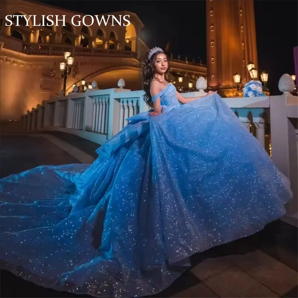 

Синие блестящие платья принцессы Quinceanera с открытыми плечами и бисером, хрустальный корсет, тюлевое платье Sweet 16, бальное платье Vestidos 15 Anos