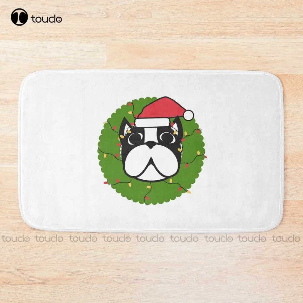 Cute Boston Terrier Merry Christmas Tree Funny Hello Winter Essential T-Shirt Bath Mat Movies Bath Mats