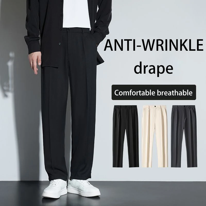 

2025 New Men Baggy Casual Fashion Suit Pants Male Loose Straight Blazer Pants Ankle Length Cropped Black Apricot Trousers